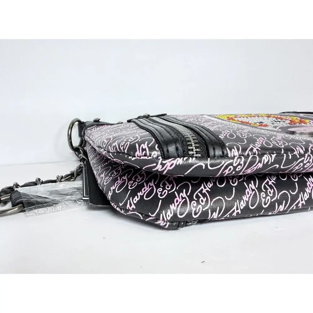 Ed Hardy Shoulder Bag Black Pink Skull Flames Tattoo & Rhinestons0
